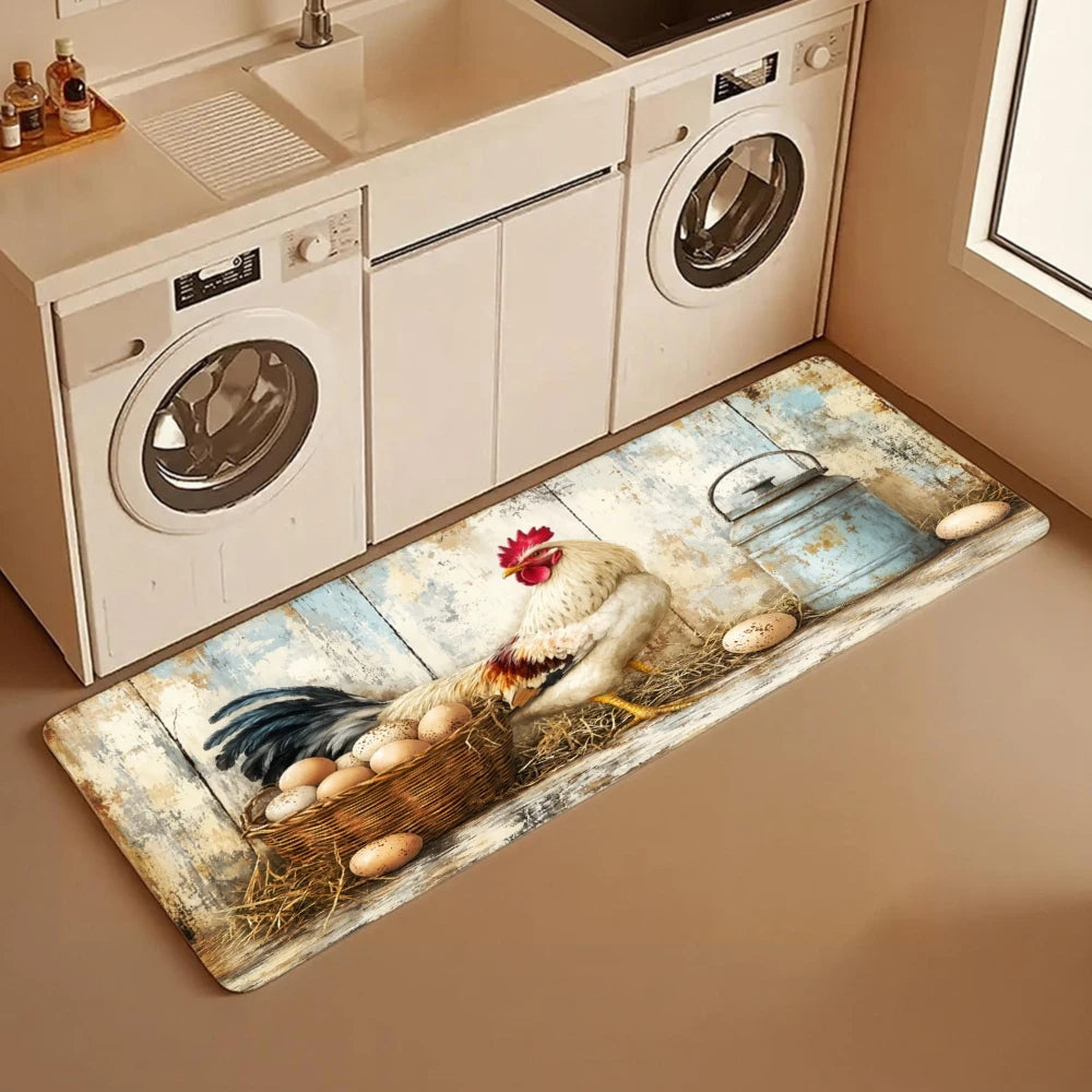 3PCS Kitchen Rugs Rooster Chicken Basket Rustic Pattern