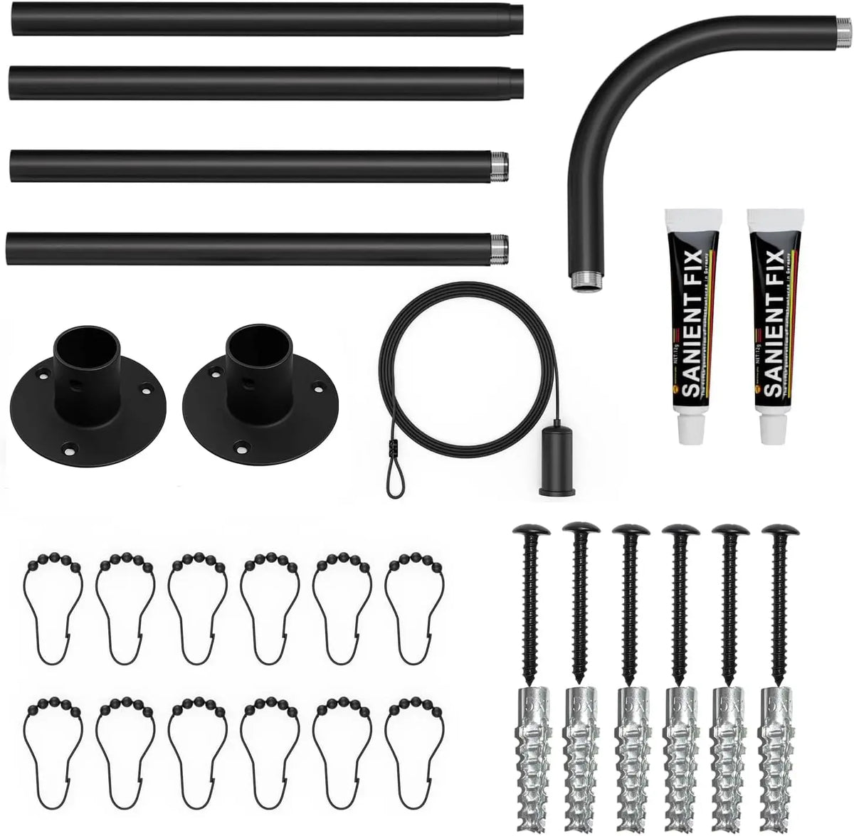 L-Shaped Corner Shower Rod, Black 24"-53"x24"-53" Adjustable, Stainless, 12 Hooks