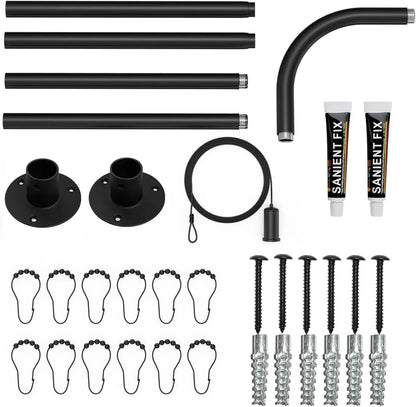 L-Shaped Corner Shower Rod, Black 24"-53"x24"-53" Adjustable, Stainless, 12 Hooks