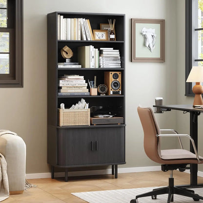 71 Inch Sliding Door Wooden Bookshelf with Adjustable Shelves, Freestanding.....