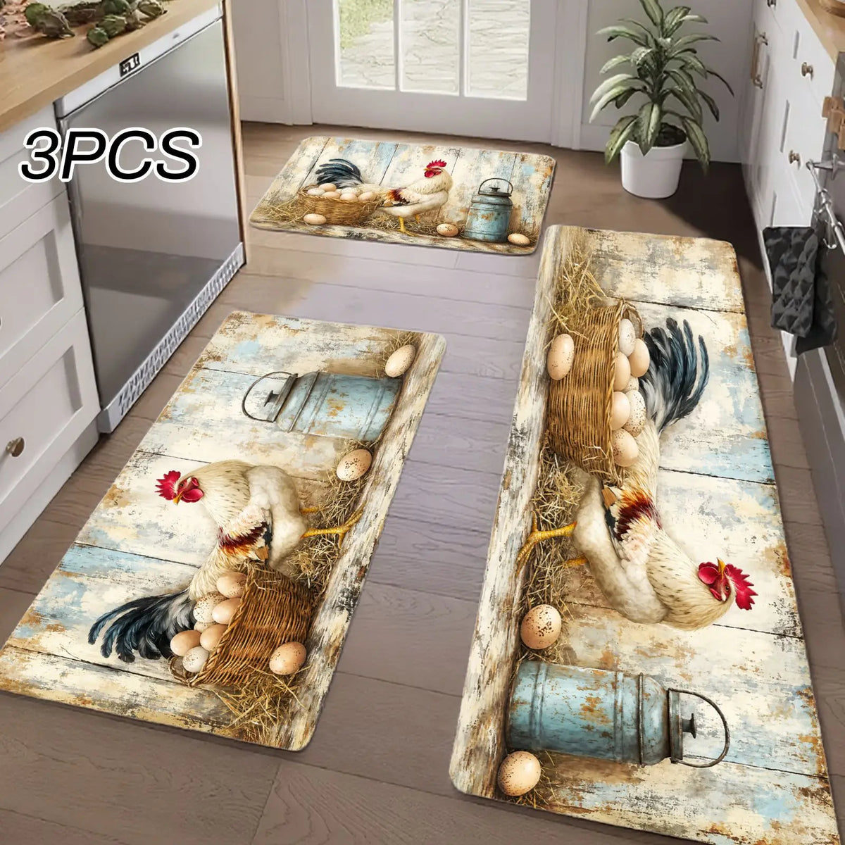 3PCS Kitchen Rugs Rooster Chicken Basket Rustic Pattern