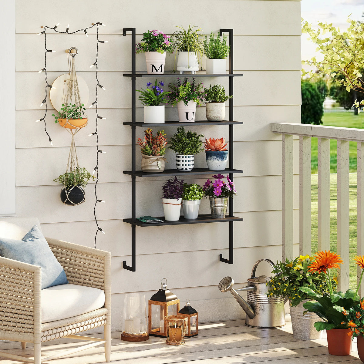 4-Tier Rustic Looking Ladder Shelf Bookshelf, w/ Metal Frame  Brown....