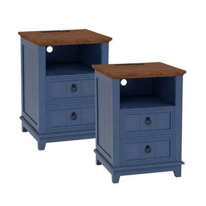 18 Inch Wood Nightstand with USB Charging Station 2 Drawer End Table, Blue