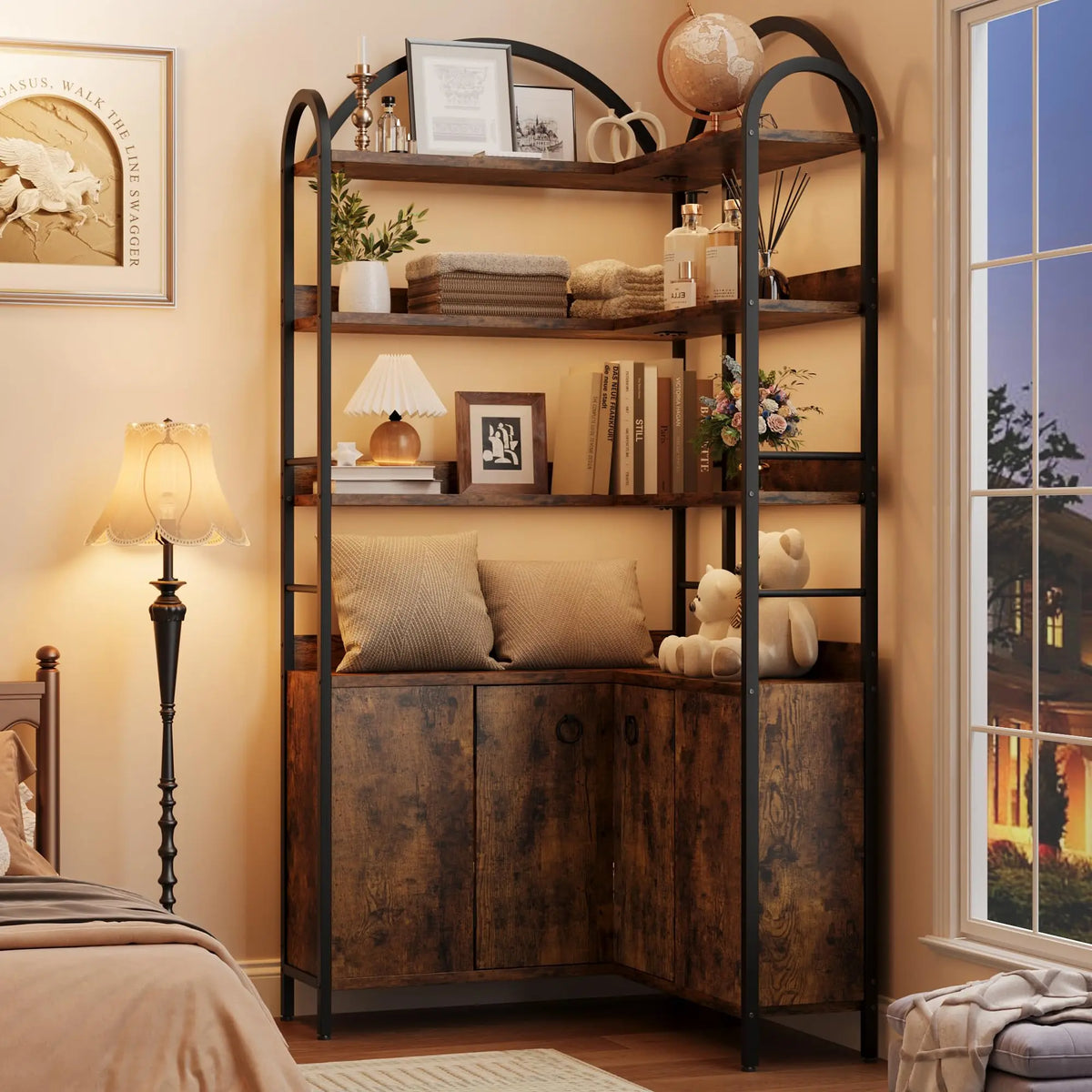 74" Tall 6-Tier Wooden Corner Shelf with Cabinet Doors - Rustic Metal & Wood Bookshelf