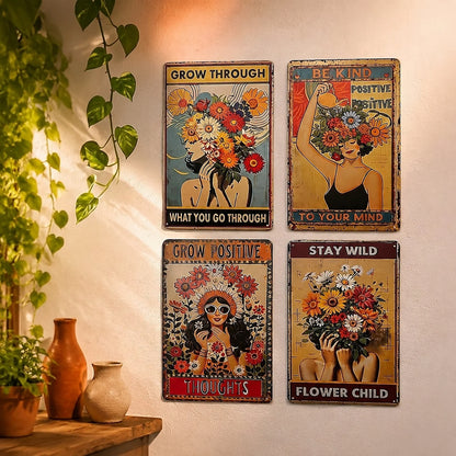 4 Piece Retro Tin Metal Sign Set, Wall Art ....