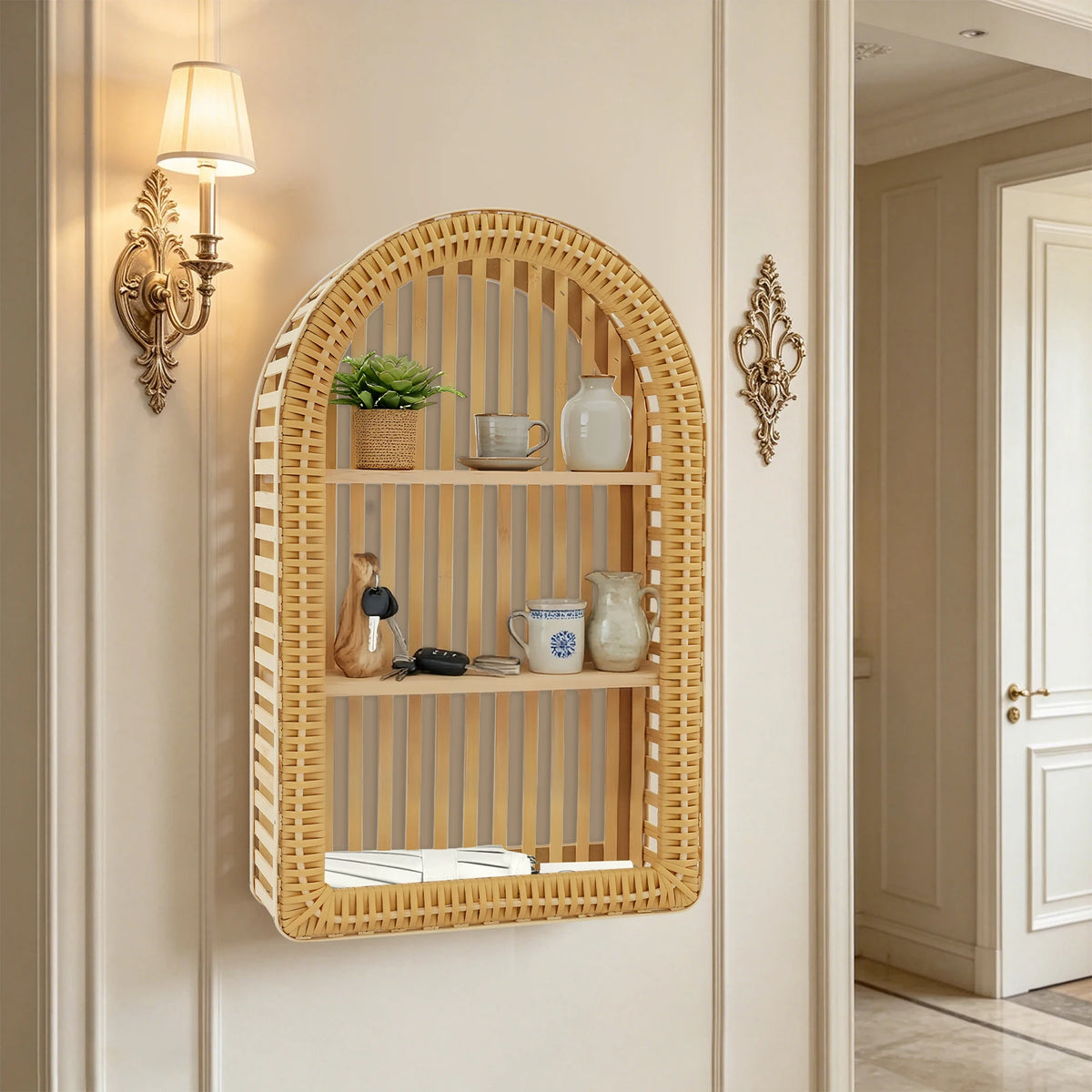 Wall Mounted Shelf, Handwoven Wicker, Natural Bamboo....