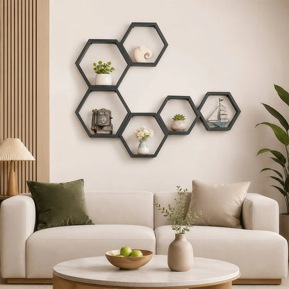 Rustic Wooden Hexagon Floating Shelves Set of 3
