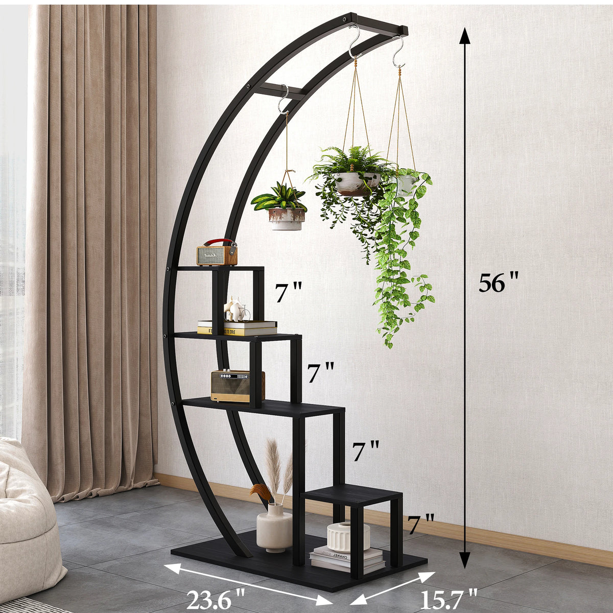 Pack of 2, 5 Tier Metal Plant Stand, Half Round Wooden Plant Rack with Hanging Hooks,(Black)