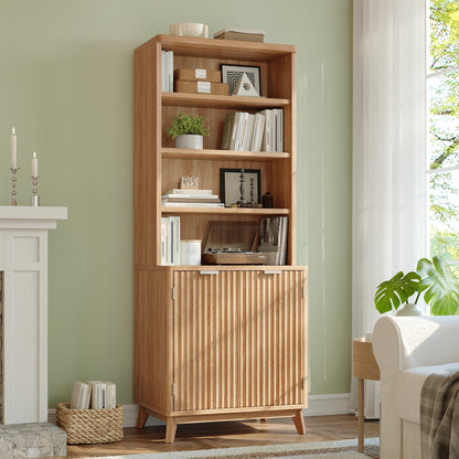 6-Tier Wooden Bookshelf, With Doors & Adjustable Shelves, Walnut....