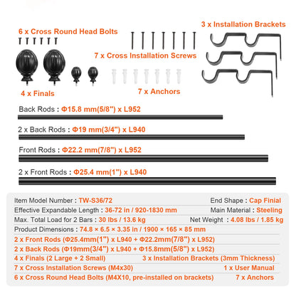 1 Inch Double Curtain Rods 36-72 In And 72-144 In. Curtin Rods for Windows 24-68 In And 69-140 In Telescoping Dual Curtain Rod