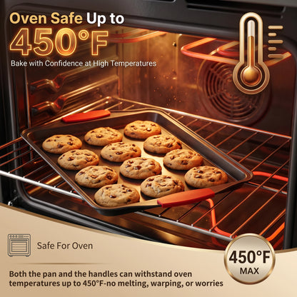 3Pcs Carbon Steel Non‑Stick Baking Pan Set With Red Silicone Handle....