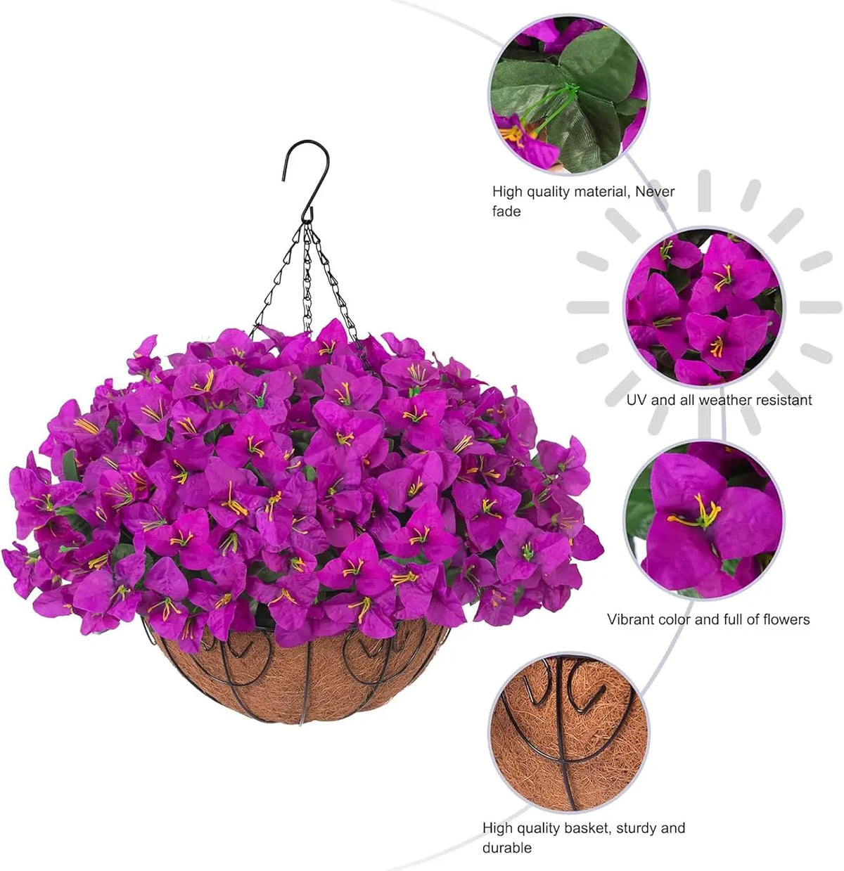 2PCS Artificial Flower Basket Purple/white Bougainvillea Hanging Flower Palm Basket