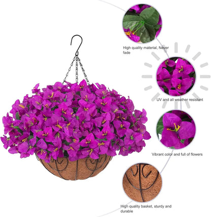 2PCS Artificial Flower Basket Purple/white Bougainvillea Hanging Flower Palm Basket