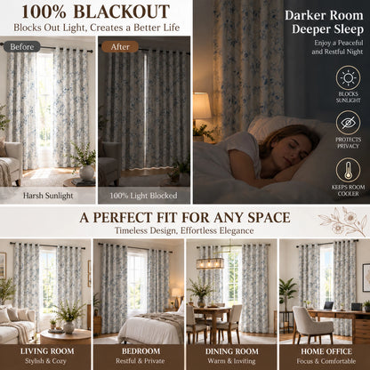 4 Panels, 4color Set Floral Print Blackout Curtains, Grommet Eyelet Energy, 4Sizes