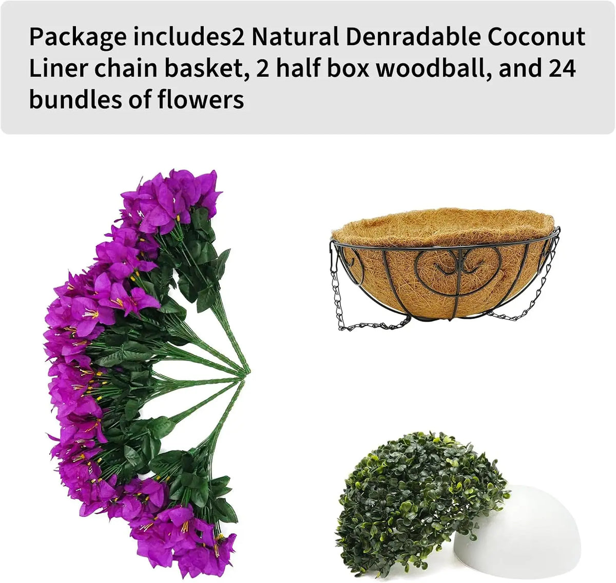 2PCS Artificial Flower Basket Purple/white Bougainvillea Hanging Flower Palm Basket