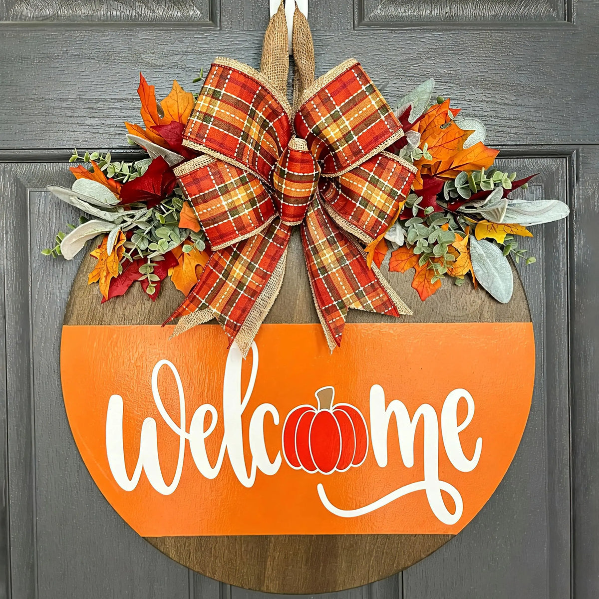 Front Door, Wooden Welcome Hanger with Pumpkin Design