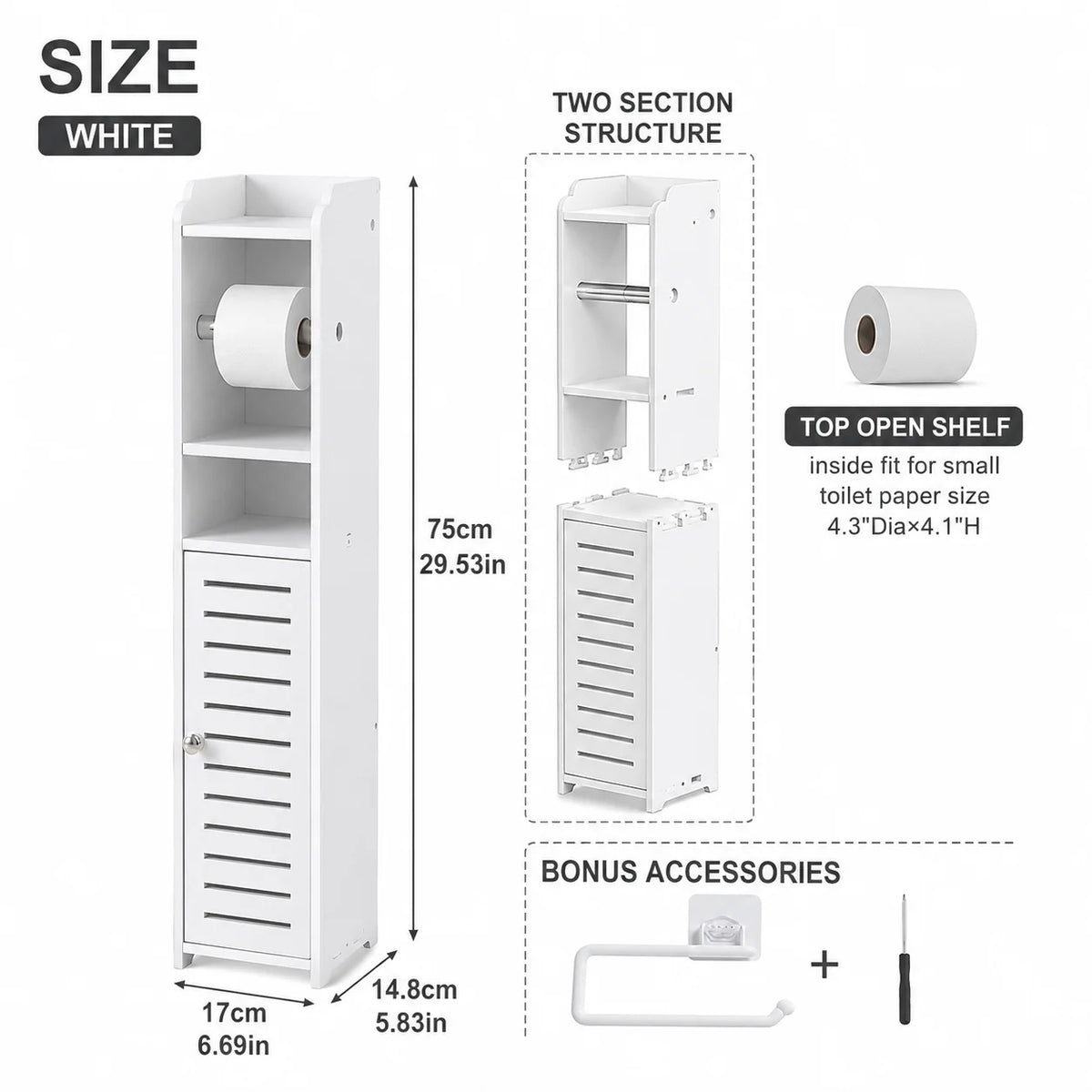 Slim Bathroom Plastic Storage Cabinet with Toilet Paper Holder....