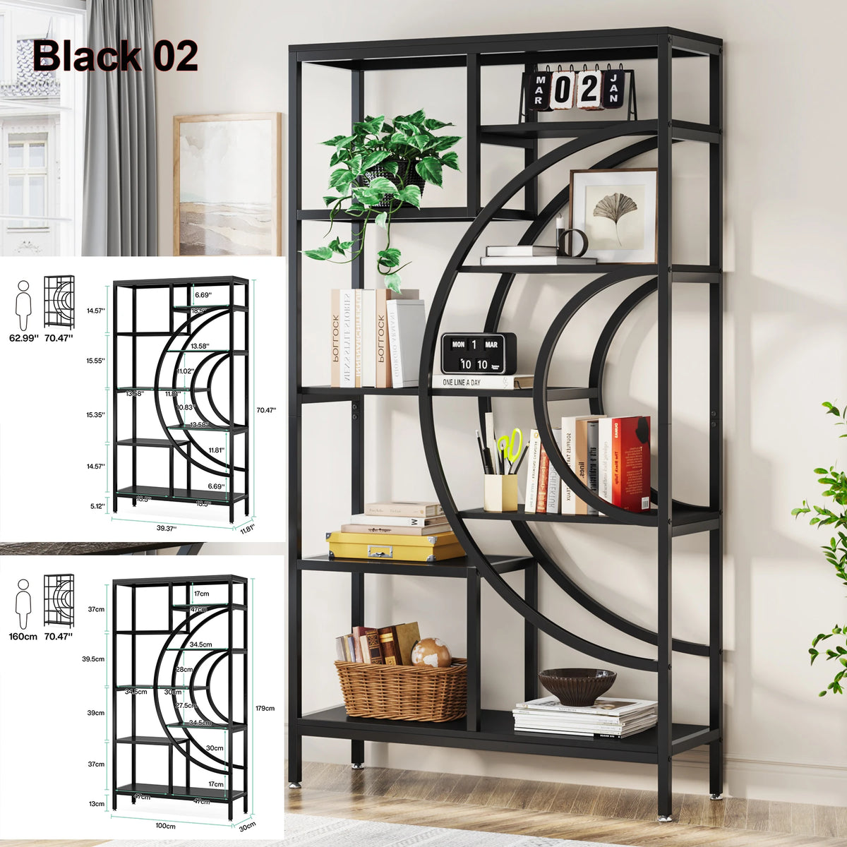 Bookshelf, 5 Tier Etagere Bookcase, Freestanding, 11.81"D x 37.4"W x 68.89"H