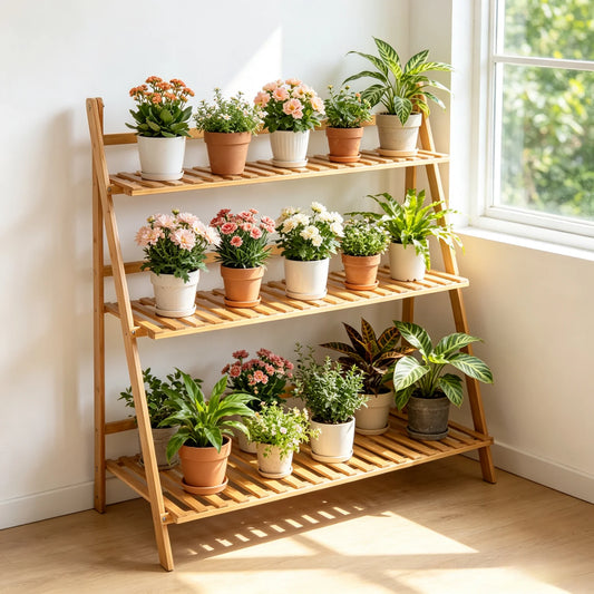 70/100cm Natural Bamboo Plant Stand Folding 3 Tier Flower Pot Display, Indoor Outdoor....