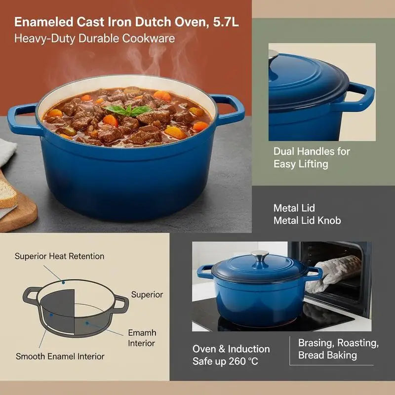 Enameled Cast Iron Dutch Oven, 6 Quart Stock Pot with Lid  Compatible up to 500℉, Blue.....