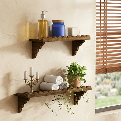 Rustic Scalloped Floating Wooden Wall Shelves Set of 2, Dark Burnt Wood Finish