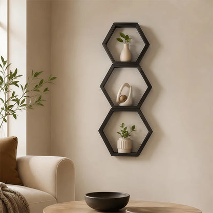 Hexagonal Floating Wooden Wall Shelves Set of 3, Black Geometric