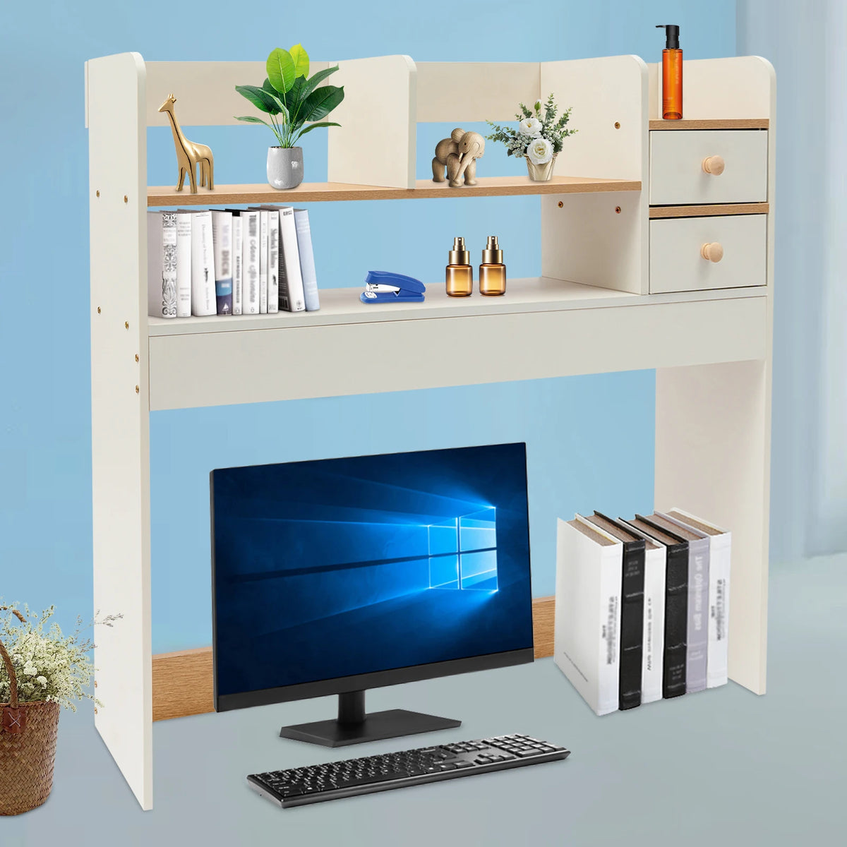 7-Compartment Wooden Desktop Bookshelf – MDF & Plywood Tabletop with 22.05lbs Load Capacity....