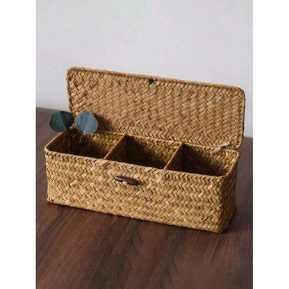 1pc Handwoven Rattan Seagrass Rustic Storage Basket With Lid...