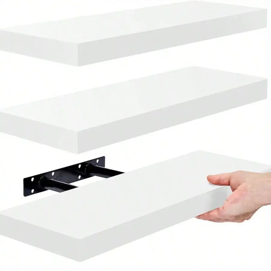 Set Of 3 Floating Wooden Shelving Units With Hidden Brackets;