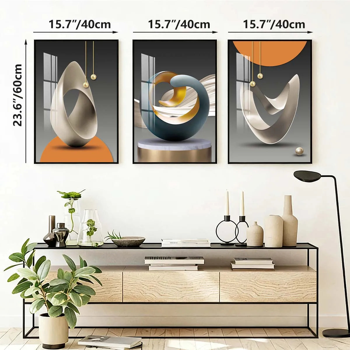 3 Panel Wall Art, Geometric Abstract 16x24 Inch Stereo Shape Stone Framed Wall Prints