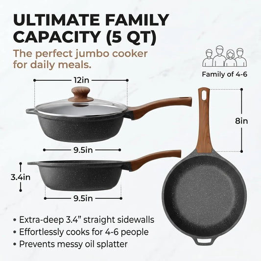 12 Inch Nonstick Granite Skillet with Lid, 5 QT Deep Frying Pan....