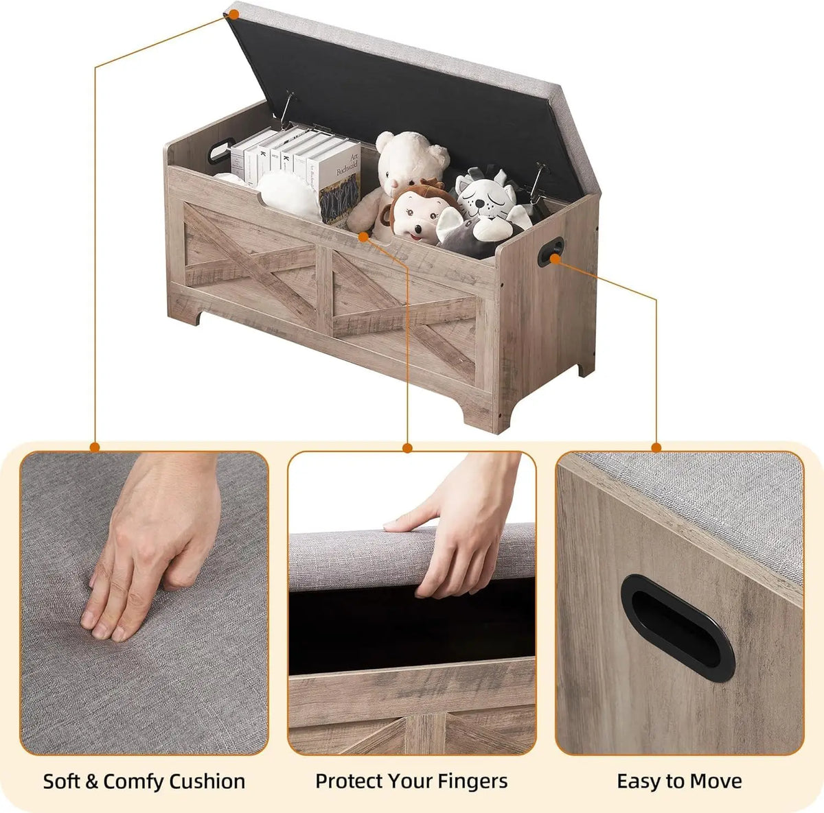 Storage Bench Storage Chest with 2 Safety Hinges Wooden