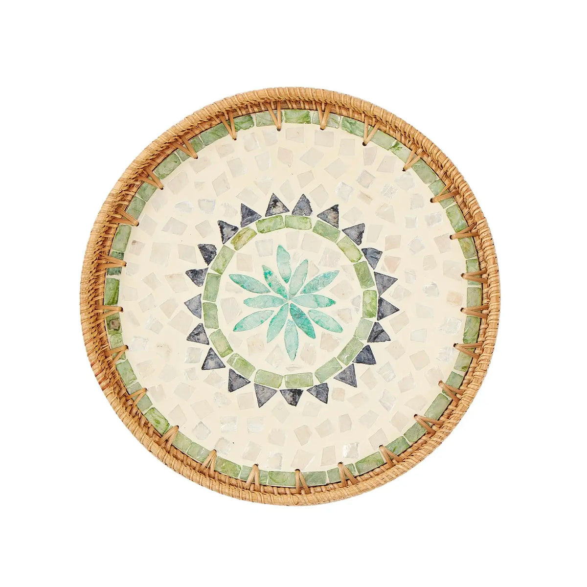 Woven Rattan Wicker Tray with Mother of Pearl Inlay With Wooden Base.....