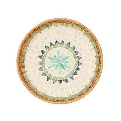 Woven Rattan Wicker Tray with Mother of Pearl Inlay With Wooden Base.....