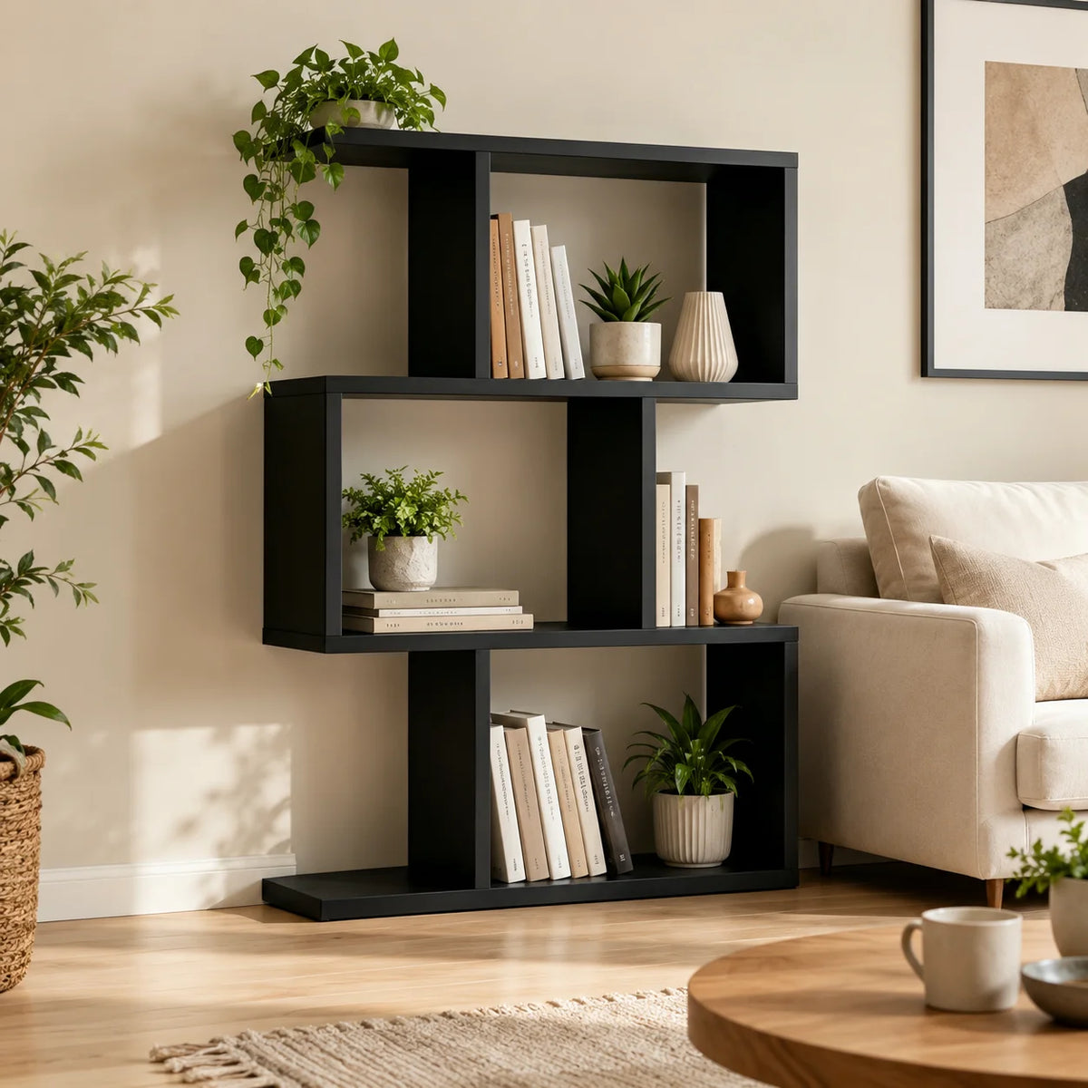 3 Tier Black Wooden Bookshelf Open Display ....
