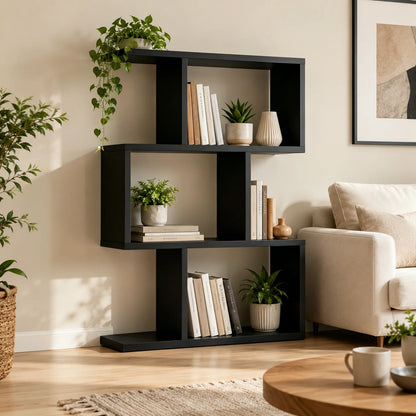 3 Tier Black Wooden Bookshelf Open Display ....
