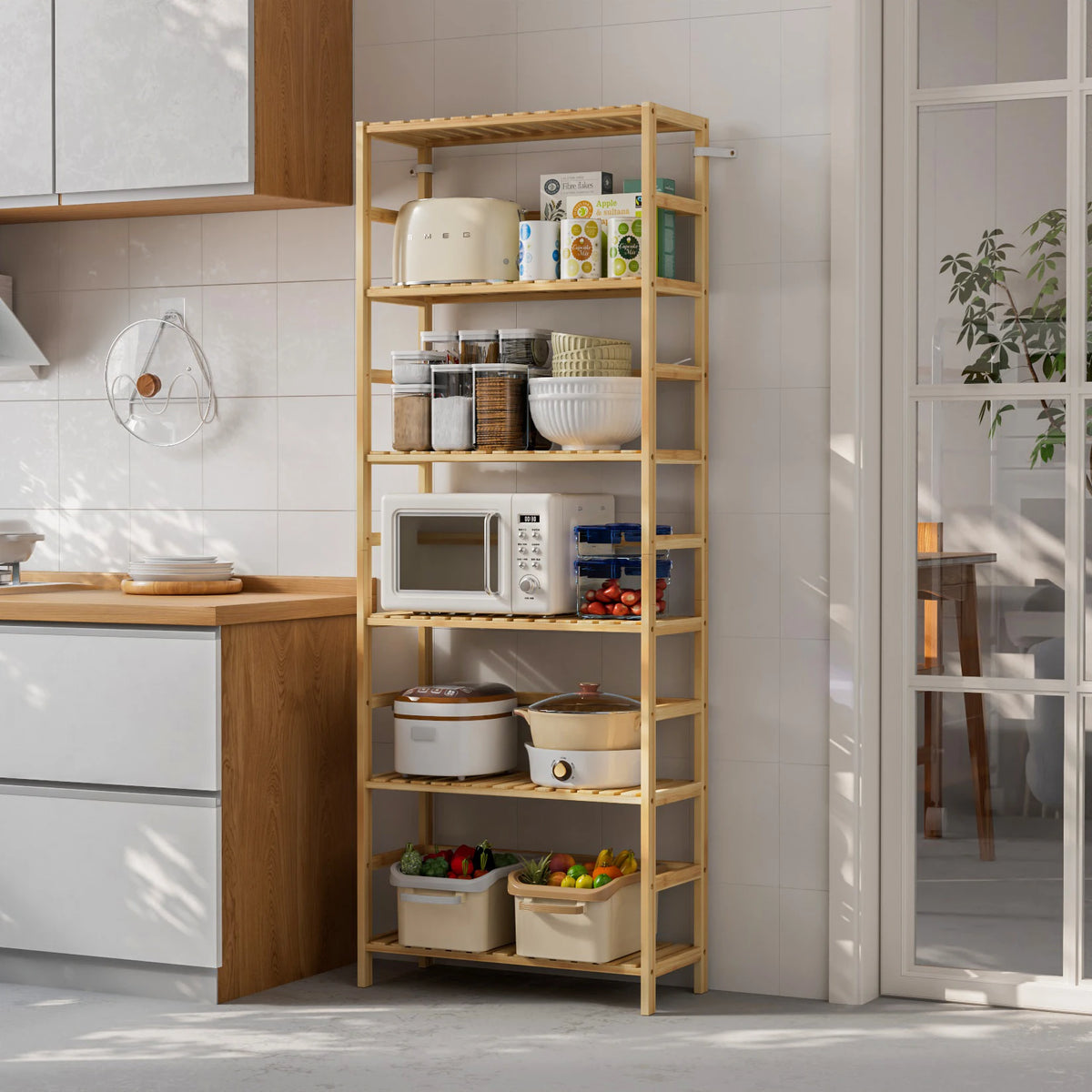 6 Tier Wooden Bookshelf with Adjustable Shelves Free Standing And Wall Mount Natural Bamboo