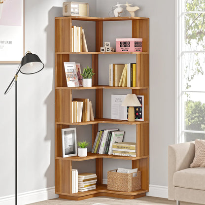 6 Tier Corner Wooden Bookshelf, 64.96 Inch Tall with Anti-Drop 64.96"D x 23.62"W x 23.62"H....