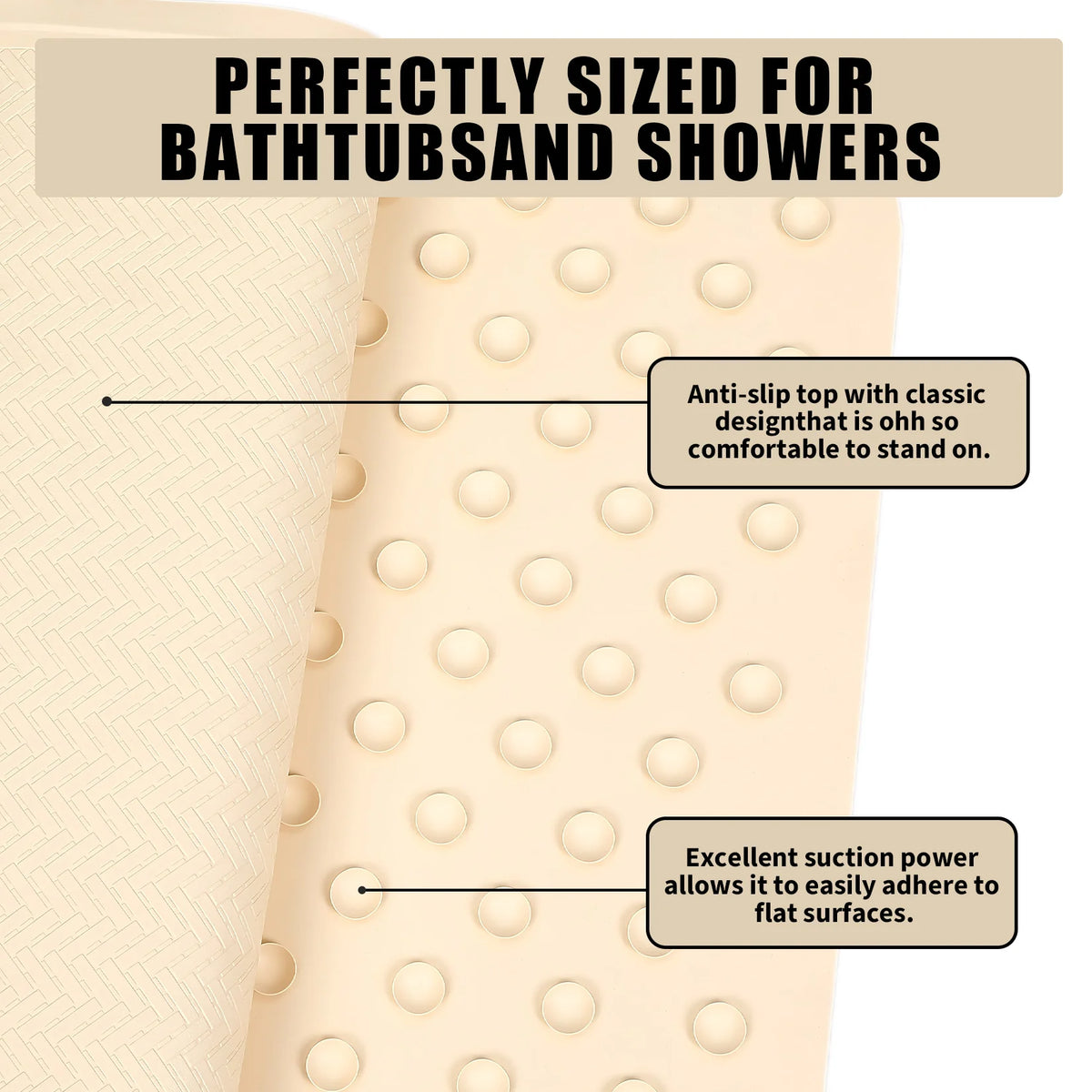 Non-Slip Rubber Bath Mat, Soft Textured with Suction Cups