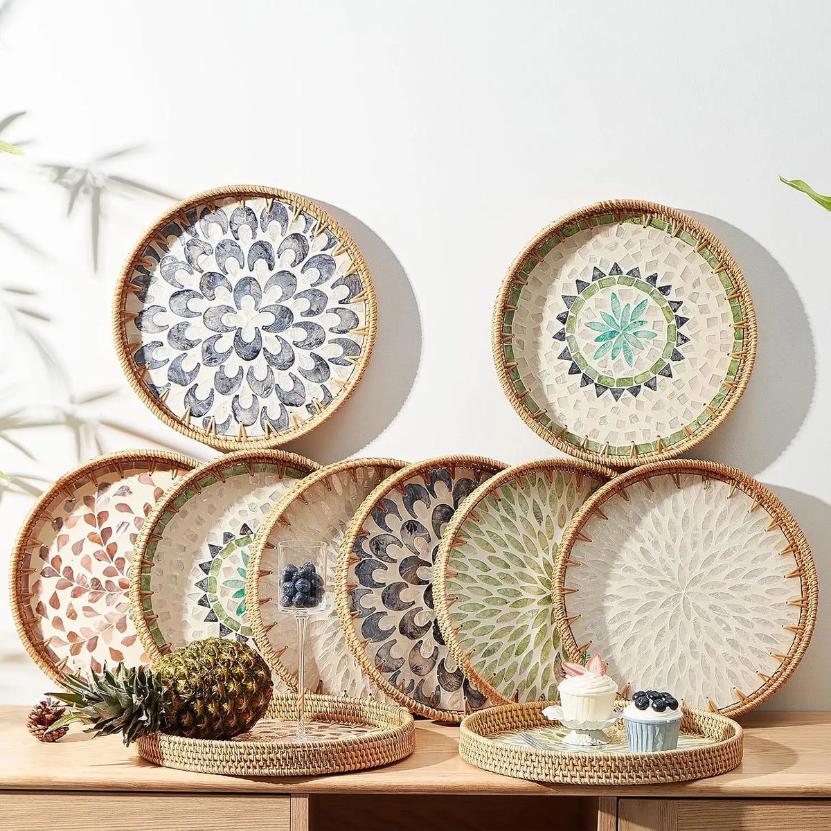 Woven Rattan Wicker Tray with Mother of Pearl Inlay With Wooden Base.....