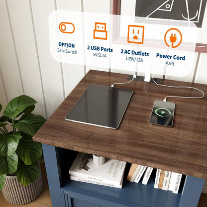 18 Inch Wood Nightstand with USB Charging Station 2 Drawer End Table, Blue