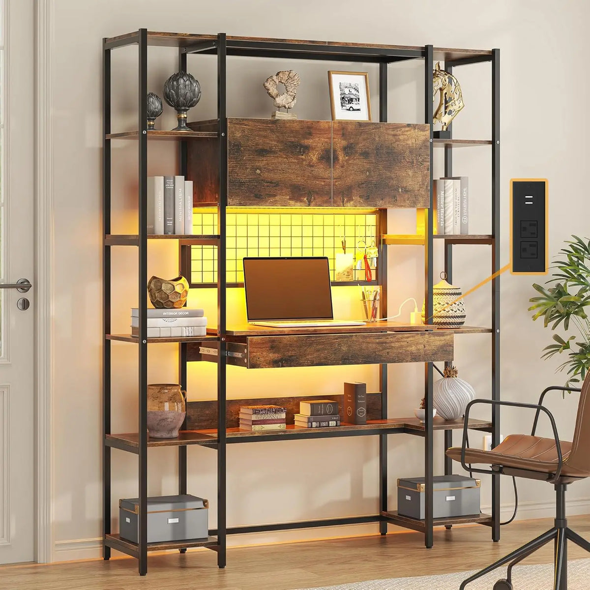 5 Tiers Rustic Engineered Wooden Bookshelf with Home Office Desk and RGB Lights and Power Outlet, 71.1" Tall