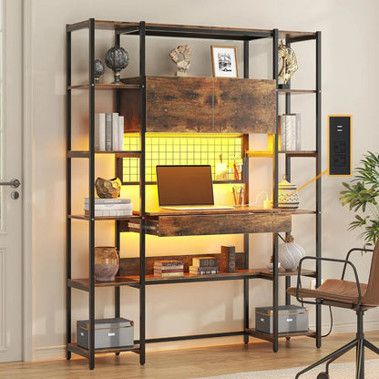 5 Tiers Rustic Engineered Wooden Bookshelf with Home Office Desk and RGB Lights and Power Outlet, 71.1" Tall