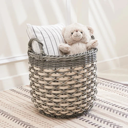 Resin Woven Wicker Storage Basket with Handles 18" x 18" x 15.7" White-Gray