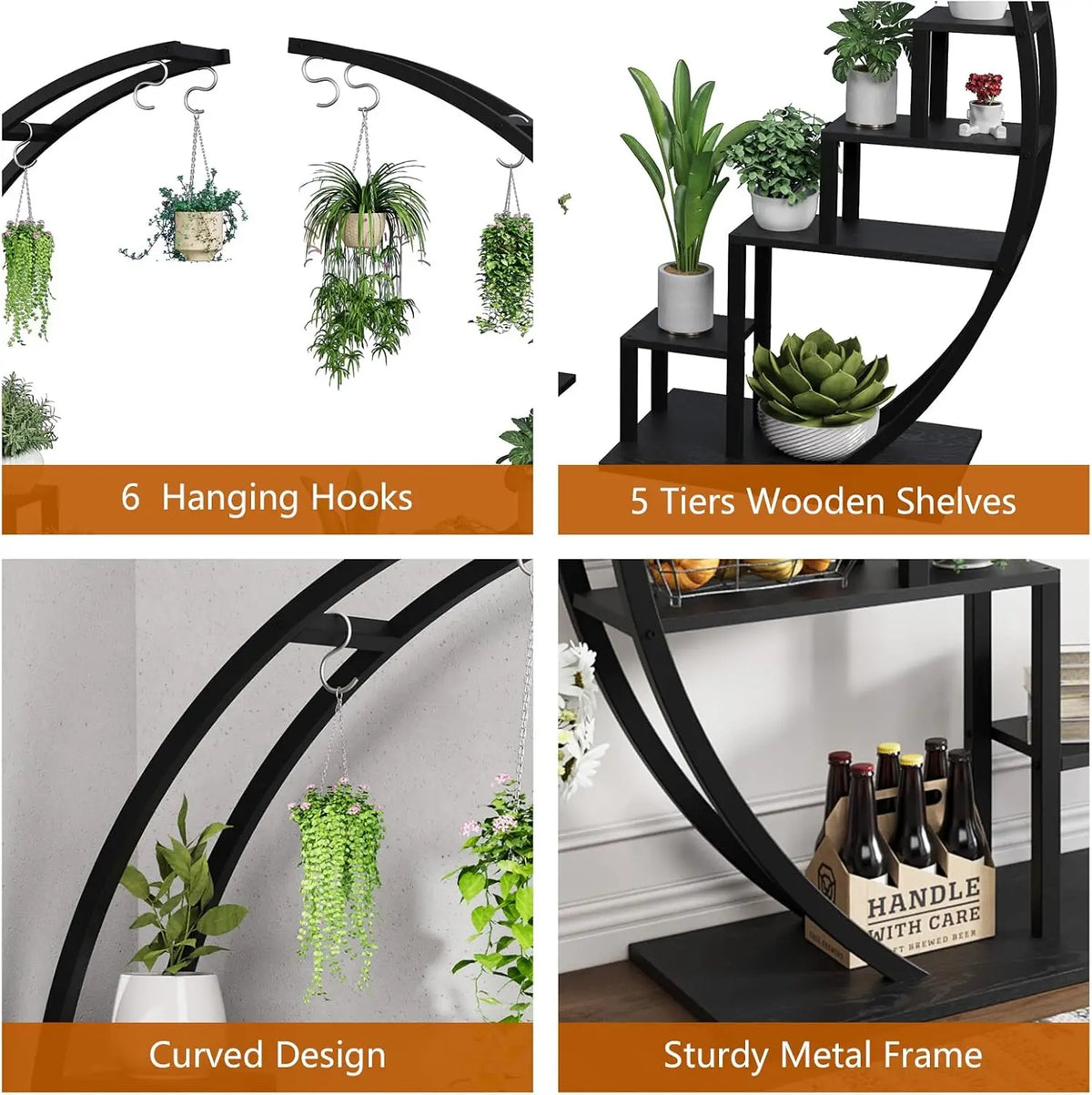 Pack of 2, 5 Tier Metal Plant Stand, Half Round Wooden Plant Rack with Hanging Hooks,(Black)