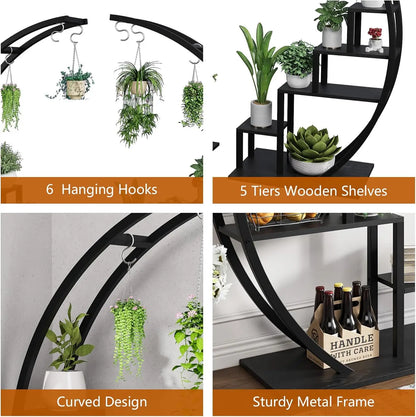 Pack of 2, 5 Tier Metal Plant Stand, Half Round Wooden Plant Rack with Hanging Hooks,(Black)
