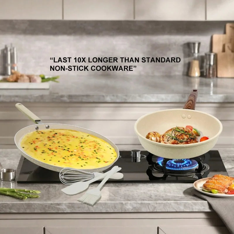 12Pcs Cream Granite Nonstick Cookware Set, With Silicone Cooking Utensils.....