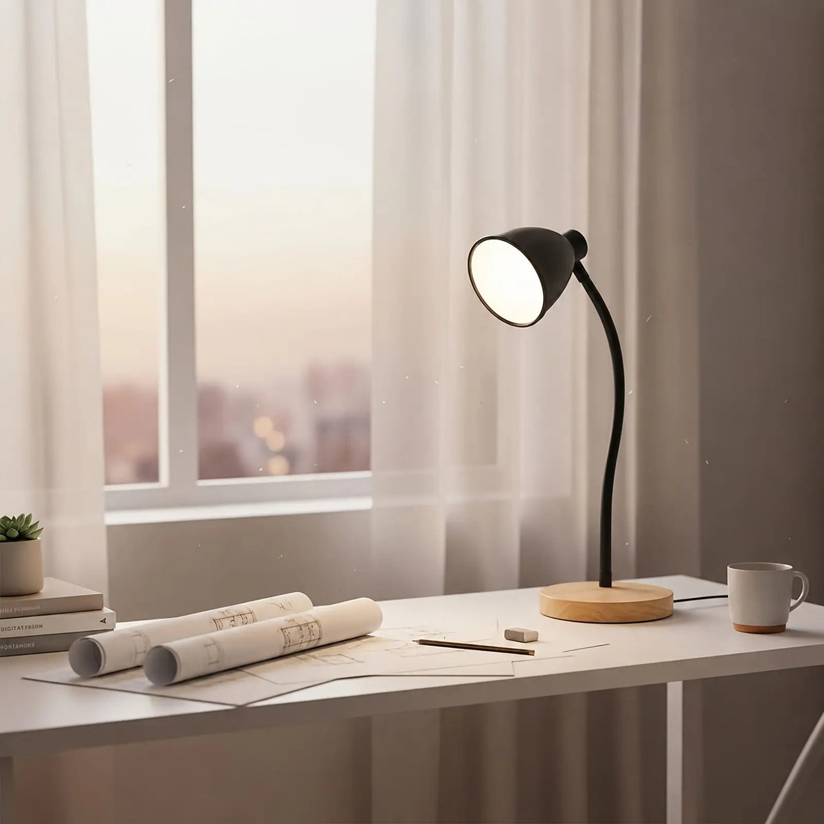 Desk Lamp ,Dimmable, with Flexible Gooseneck Black Metal Shade & Wooden Base USB Powered
