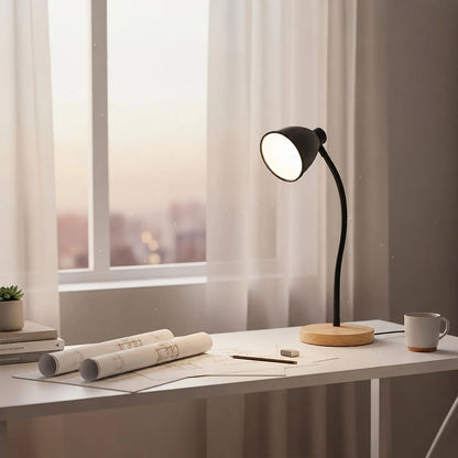 Desk Lamp ,Dimmable, with Flexible Gooseneck Black Metal Shade & Wooden Base USB Powered