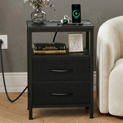 2 Fabric Drawers Bedside Night Stand with Open Shelf  USB Ports
